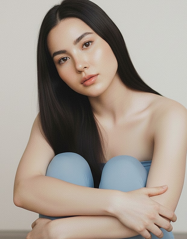 Woman with long hair sitting, light background.