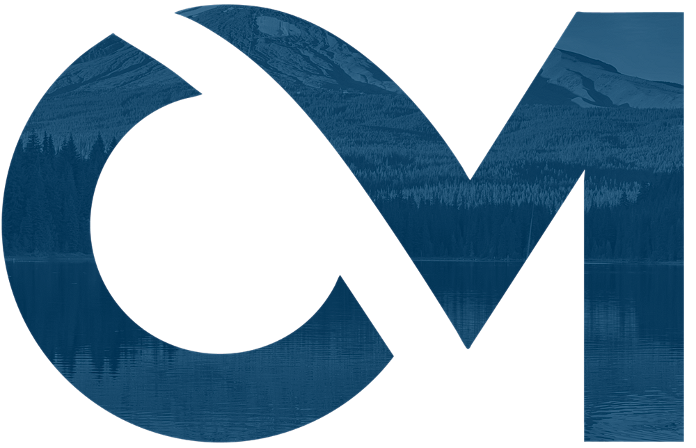 Abstract logo with mountains and water background.